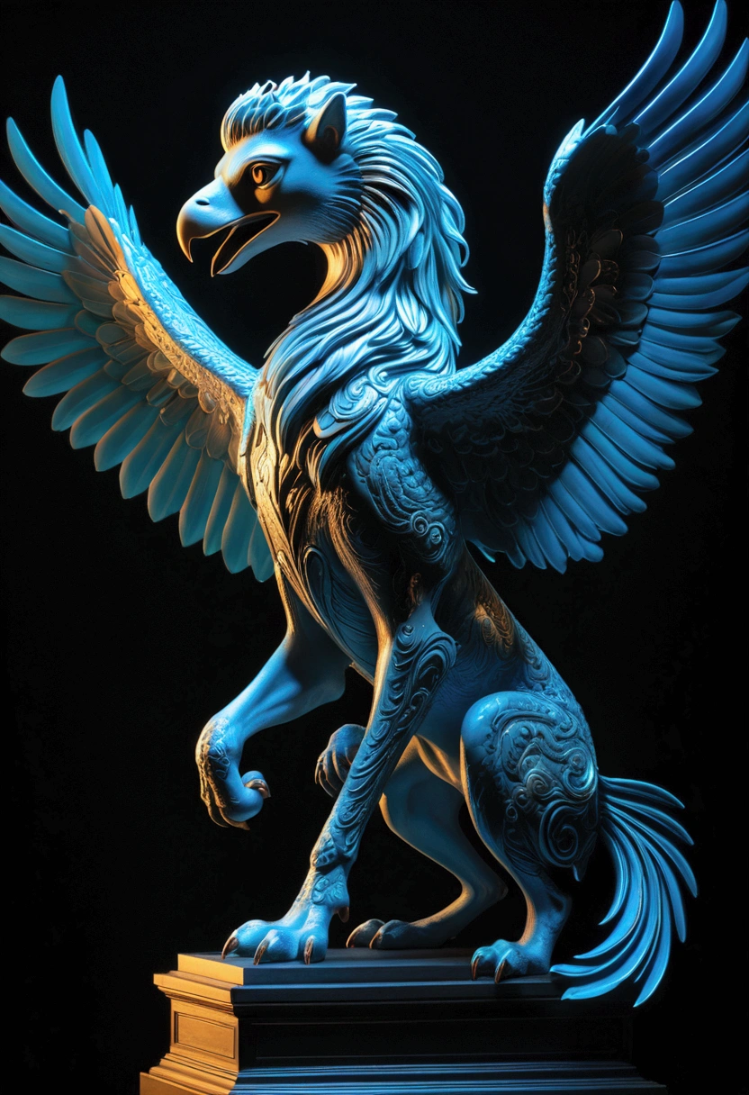 (Griffin), in Bioluminescent Classical style, featuring glowing classical forms. Beautiful cinematic lighting, surreal, color graded, dynamic movement, captivating chiaroscuro, (special effects:0.1), full body, award-winning, cinematic still, emotional, vignette, dynamic, vivid, (masterpiece, best quality, photorealistic, Professional, perfect composition, very aesthetic, absurdres, ultra-detailed, intricate details:1.3)