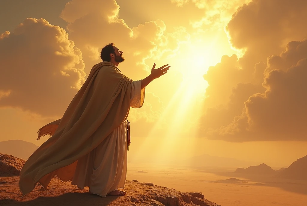 A powerful scene on top of a deserted mountain, with Moses standing, looking up to the sky with a look of reverence and devotion. He is dressed in ancient robes and a heavy cloak that moves gently in the wind. Moses extends his arms high, in a gesture of communication and supplication, while talking to God. The sky above is vast, with brilliant golden clouds, from which a divine light descends towards Moses, illuminating his face and creating an environment of holiness and mystery. In the background, the vastness of the desert stretches as far as the eye can see, while the setting captures the intimate and sacred moment of Moses in dialogue with God, seeking guidance and strength."