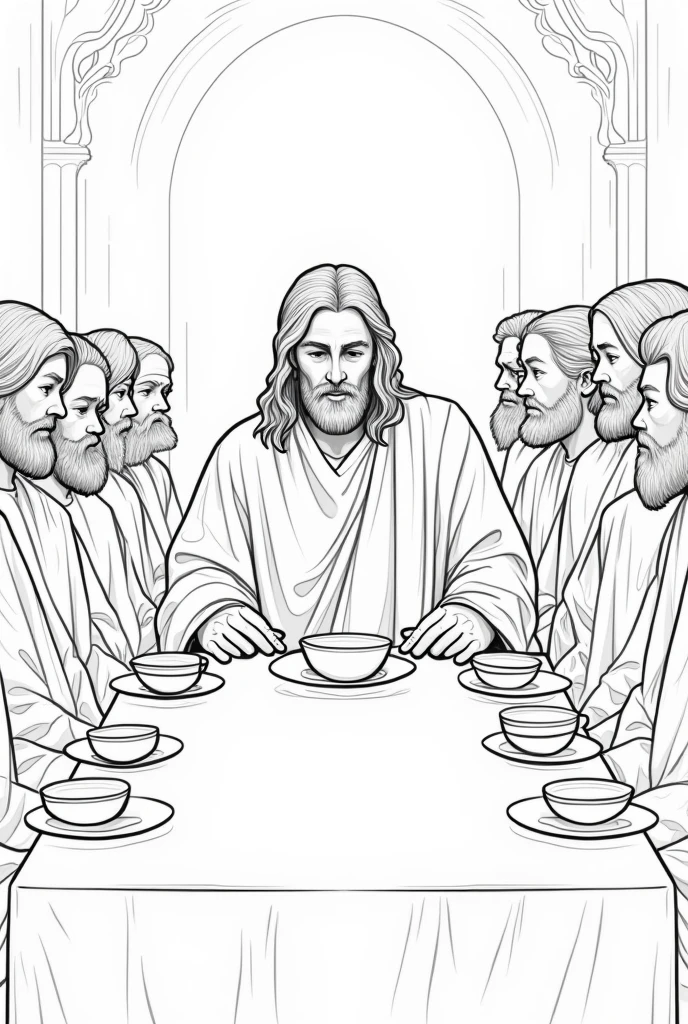 make a religious drawing of jesus christ in black and white to color, with white hair and white beard to color, at the holy supper.