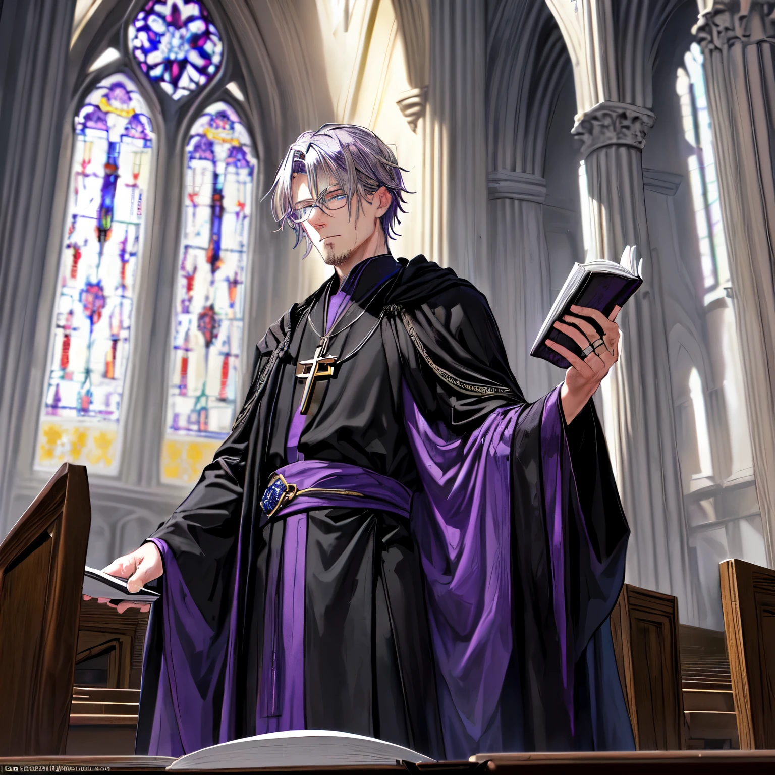 a man with a black robe with purple, gray hair, blue eyes, rings on his fingers, wearing glasses, holding a book in his hands, in the interior of a church. The tone should be somber, the man should have a serious and unsympathetic expression.