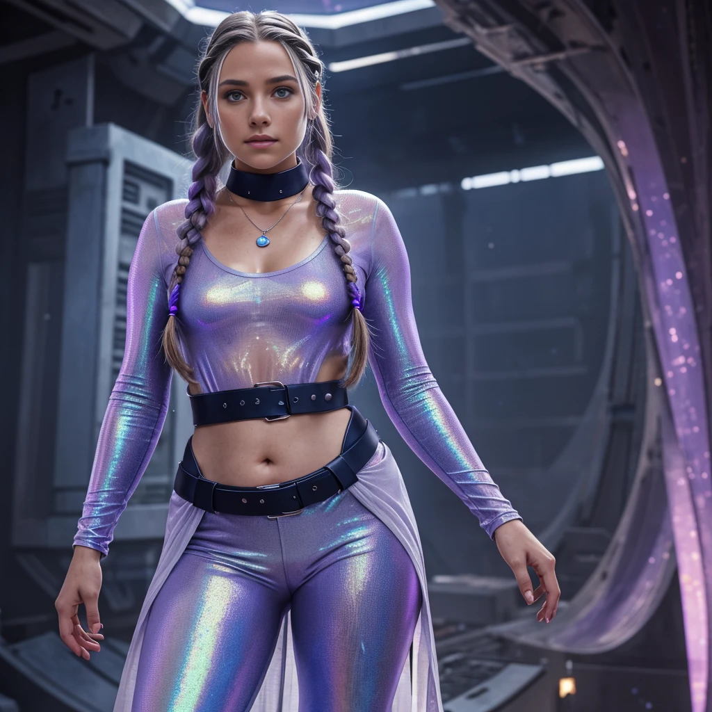 guardians of the galaxy screencap, hyper-realistic, female, 2, zarnathian, hourglass figure, slim and elegant build, curvy, star-like freckles, moles, deep violet eye color, dead eyes, young facial features, long and flowing silver hair often worn in braids, wears a flowing tunic made of lightweight iridescent fabric in soft lavender with celestial patterns, wears loose-fitting tapered pants made of soft breathable material with a slight stretch in deep navy with star-like speckles, wears a delicate silver necklace with a small glowing pendant, wears a thin silver belt with a minimalist design and cinching the tunic at the waist, standing in front of a large holographic screen and pressing their fingers to the screen as if typing,