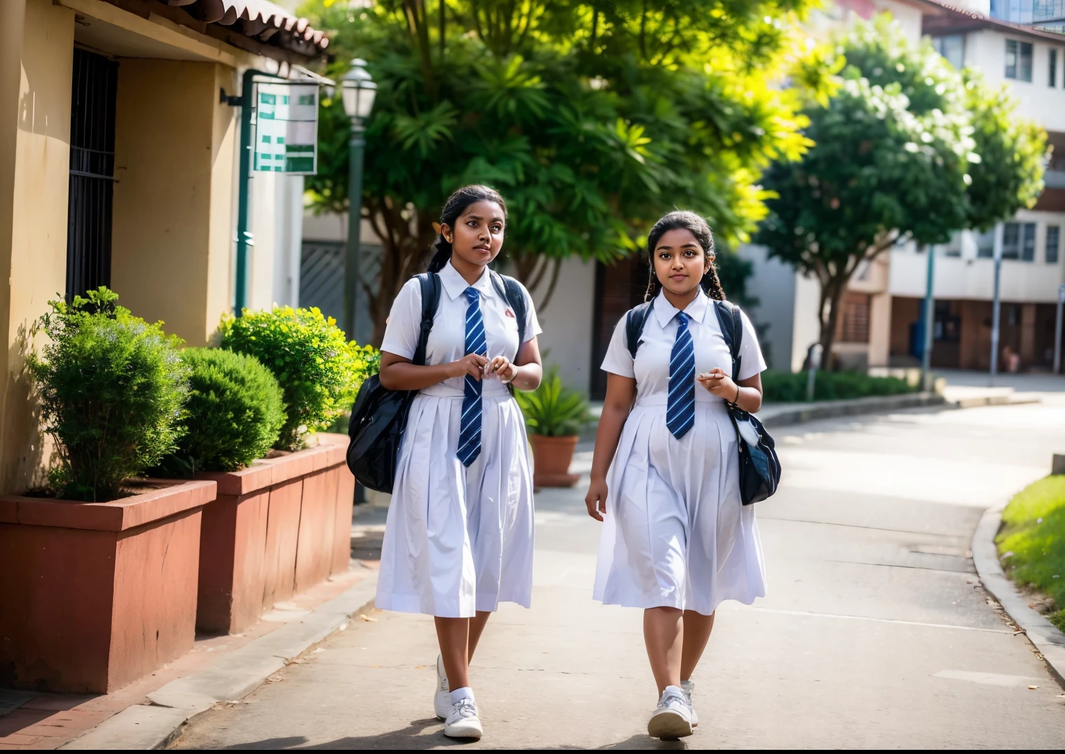 Raw photo, two beautiful Sri Lankan girls, with plaited hair, four chubby fat girls coming towards the camera in a school walkway , wearing white frocks and blue color ties, white shoes, with school backpacks, professional photographer, (hdr:1.4), masterpiece, ultra-realistic 8k, perfect artwork, intricate details, cute face, award winning photograph, (Best quality, 8k, 32k, Masterpiece, UHD:1.3)