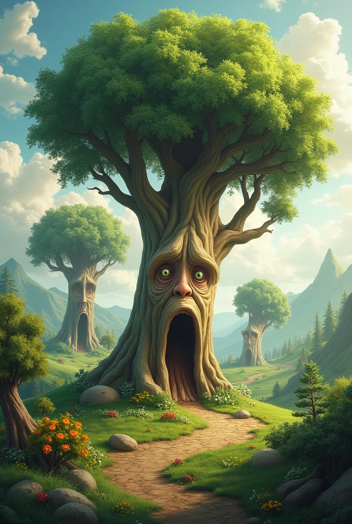 A landscape with trees with a face