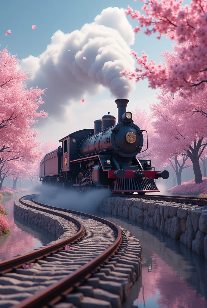 Absurd, High resolution, Super detailed, beautiful, masterpiece, Highest quality、reflection、Realな質感、Realistic、Real、Realistic、Blur、steam locomotive、Running along the tracks、Spiral track、cloud、Cherry blossom trees、SakuraFubuki、Realな蒸気、