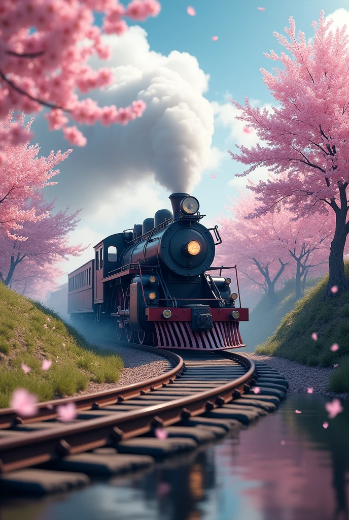 Absurd, High resolution, Super detailed, beautiful, masterpiece, Highest quality、reflection、Realな質感、Realistic、Real、Realistic、Blur、steam locomotive、Running along the tracks、Spiral track、cloud、Cherry blossom trees、SakuraFubuki、Realな蒸気、