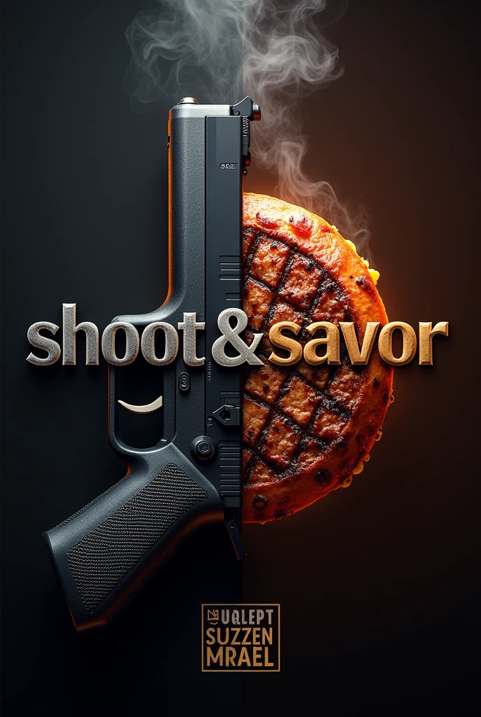 "Design a dynamic and visually appealing profile image for a YouTube channel named 'Shoot & Savor.' The image should feature a fusion of two primary elements: firearms and food. On one side, incorporate a sleek, modern firearm (such as a handgun or rifle) with intricate detailing, symbolizing the 'Shoot' aspect. On the other side, depict a gourmet dish, perhaps a perfectly grilled steak or a sizzling burger, representing the 'Savor' element. The background should blend dark metallic tones and rich, warm colors to enhance both themes. In the center, where the two elements meet, create a subtle, balanced overlap with smoke or steam effects that unite the themes. The text 'Shoot & Savor' should be bold, modern, and integrated smoothly into the design, perhaps with a metallic finish on 'Shoot' and a textured, appetizing look on 'Savor.'"