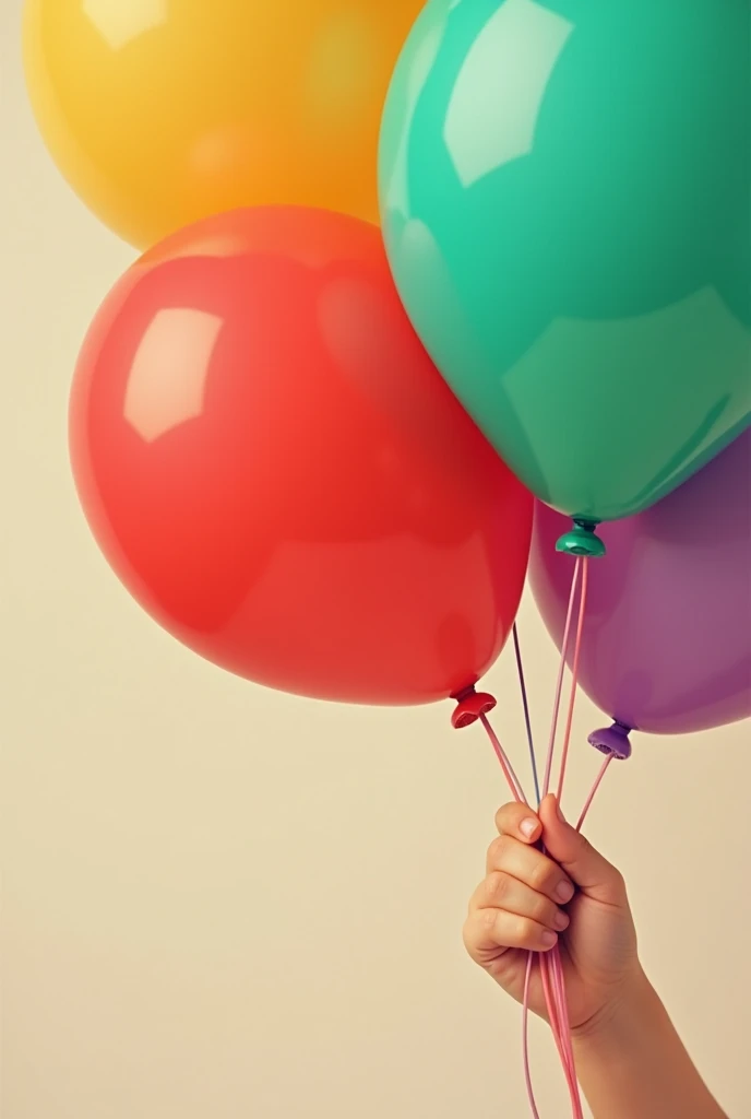 Prompt: "A close-up of kid's hand holding a colorful balloon with three sections in bright red, green, and blue colors. The balloon has a glossy, shiny surface that reflects the light. The background is soft and neutral to make the colors pop in cartoon form