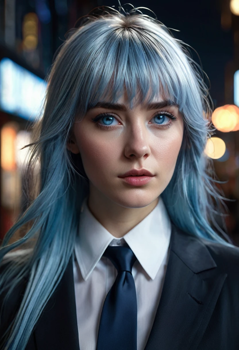 1 woman, inside a city at night, wearing a modest black suit with a white shirt and tie, (feminine dark blue eyes), detailed fair skin, long light blue hair with crooked bangs, dramatic lighting, cinematic composition, dark palette, dark colors, atmospheric haze, thin chin, soft face, serious face, beautiful woman, adult woman, ultra realistic, adult woman (best quality, 4K, 8K, high resolution, art: 1.2), ultra detailed (realistic, photorealistic, photorealistic: 1.37)(((a woman with long light blue hair with crooked bangs1.7)))(((very beautiful))), perfect face, dark and cool palette, 8K, glossy lips, extremely detailed, (high quality, realistic, photorealistic: 1.37), ideal proportions and detailed skin and defined and meticulously crafted features, unapproachable beauty, perfection, art, vivid realism, hyper-detailed sculpting, realistic shapes, truly awe-inspiring, impeccable craftsmanship, serious facial expression, brilliance pure, ethereal beauty, delicate contours, striking poses, sublime beauty, subtle nuances, dynamic compositions, vibrant colors, perfect lighting, moving expressions, celestial aura, majestic presence, dreamlike atmosphere, unmatched high level of detail, high octane rendering in artstation, 8k art photography, photorealistic concept art, volumetric cinematic soft natural light, chiaroscuro