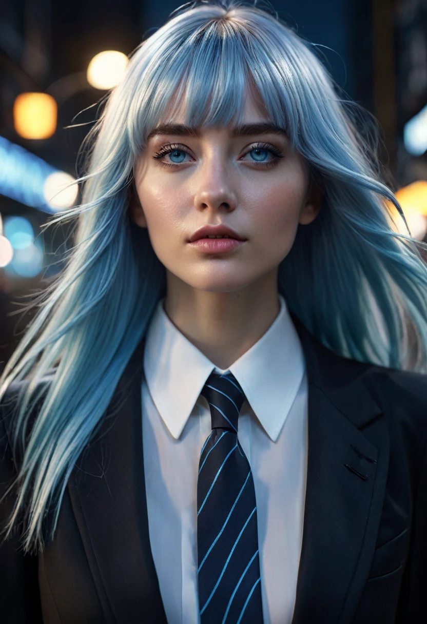 1 woman, inside a city at night, wearing a modest black suit with a white shirt and tie, (feminine dark blue eyes), detailed fair skin, long light blue hair with crooked bangs, dramatic lighting, cinematic composition, dark palette, dark colors, atmospheric haze, thin chin, soft face, serious face, beautiful woman, adult woman, ultra realistic, adult woman (best quality, 4K, 8K, high resolution, art: 1.2), ultra detailed (realistic, photorealistic, photorealistic: 1.37)(((a woman with long light blue hair with crooked bangs1.7)))(((very beautiful))), perfect face, dark and cool palette, 8K, glossy lips, extremely detailed, (high quality, realistic, photorealistic: 1.37), ideal proportions and detailed skin and defined and meticulously crafted features, unapproachable beauty, perfection, art, vivid realism, hyper-detailed sculpting, realistic shapes, truly awe-inspiring, impeccable craftsmanship, serious facial expression, brilliance pure, ethereal beauty, delicate contours, striking poses, sublime beauty, subtle nuances, dynamic compositions, vibrant colors, perfect lighting, moving expressions, celestial aura, majestic presence, dreamlike atmosphere, unmatched high level of detail, high octane rendering in artstation, 8k art photography, photorealistic concept art, volumetric cinematic soft natural light, chiaroscuro