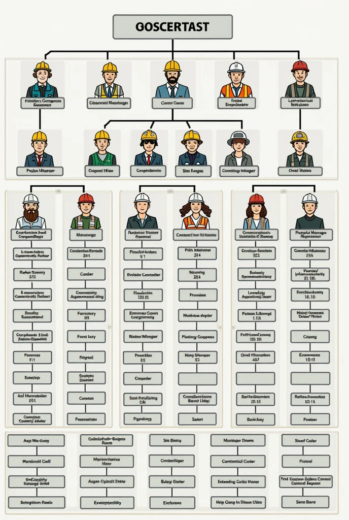 Create an organizational chart of the construction staff needed to build a 10-story hospital., Each level has an area of 500 m2