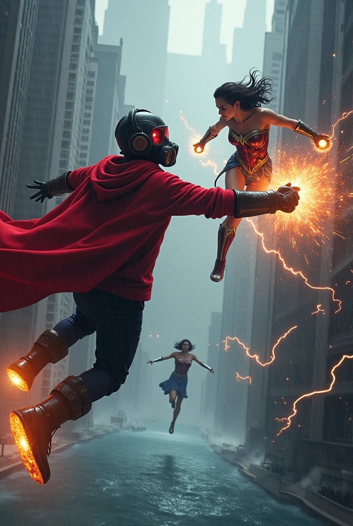 Young Star-lord with red hoodie, headphones, star-lord helmet, gas helmet, covered mouth, round red eyes, Red eyes, magic rings in the hands and rocket boots, Vs. Doctor strange, Vs. Wonder Woman, Fighting, power, fiction, full body, 3 person, magic lasso, hight, fall, fire in boots, poweful spells, fighting, realistic, helmet, mask, red cape, confrontation, punch, gun, flying in the sky, view of the city from above, rain, fighting over the spell book, Black gloves, ocean floor, face cover