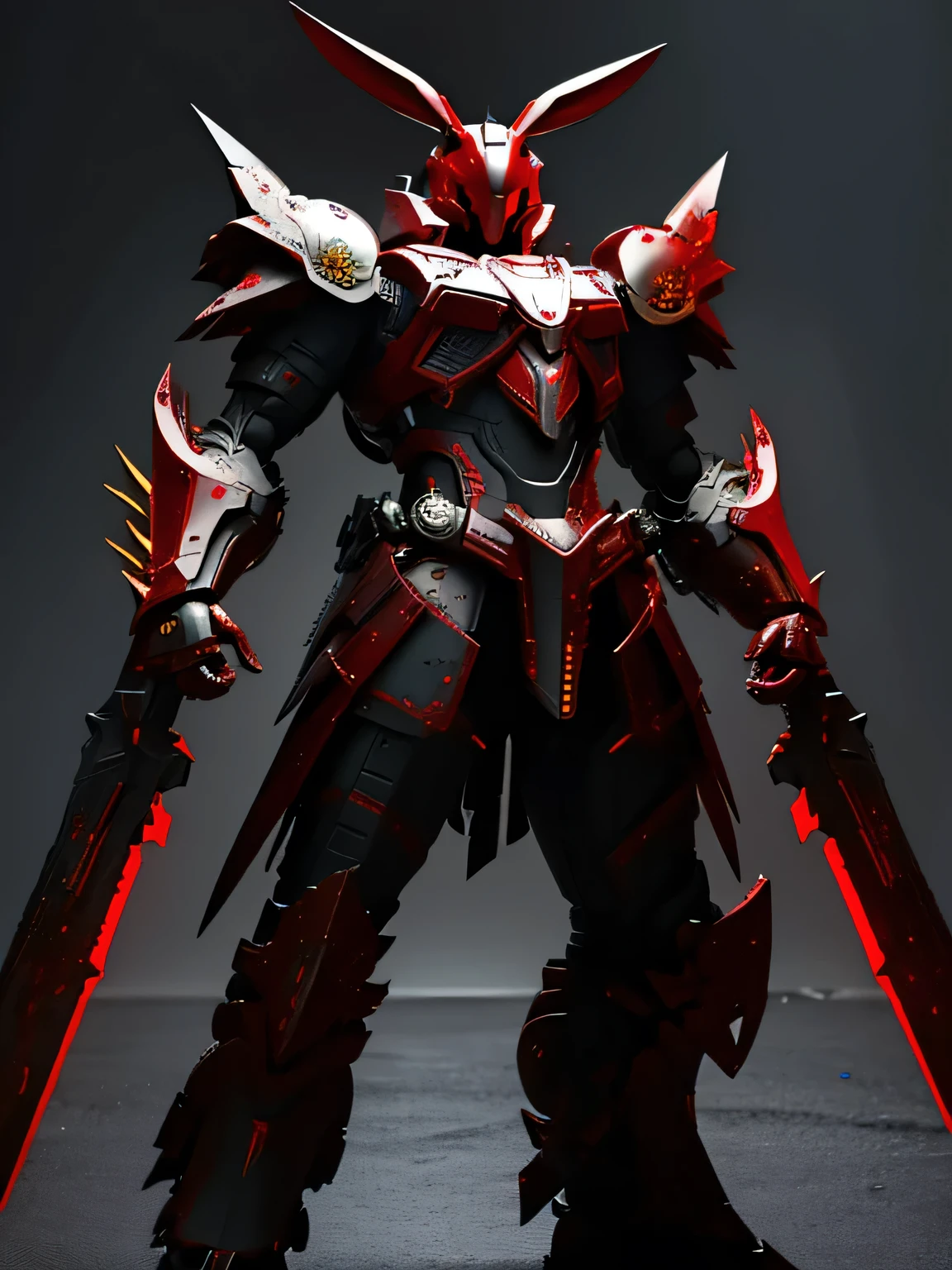 mecha, rabbit, huge hand blade robot, black, red, and yellow, male strong rabbit mecha, realistic background, bloody rain, blood armor, blood spike, rabbit armor, big mecha, big armour, heavy layer armour