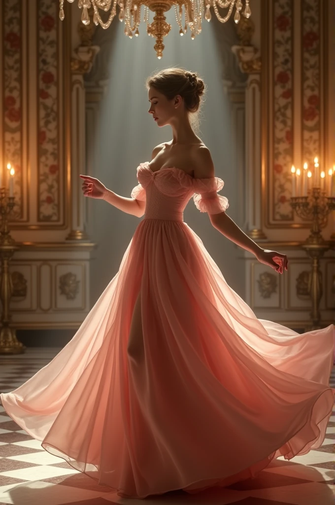 Catarina claes, in pink dress, cleavage medium breast, dancing in a ball room, iluminated by candles