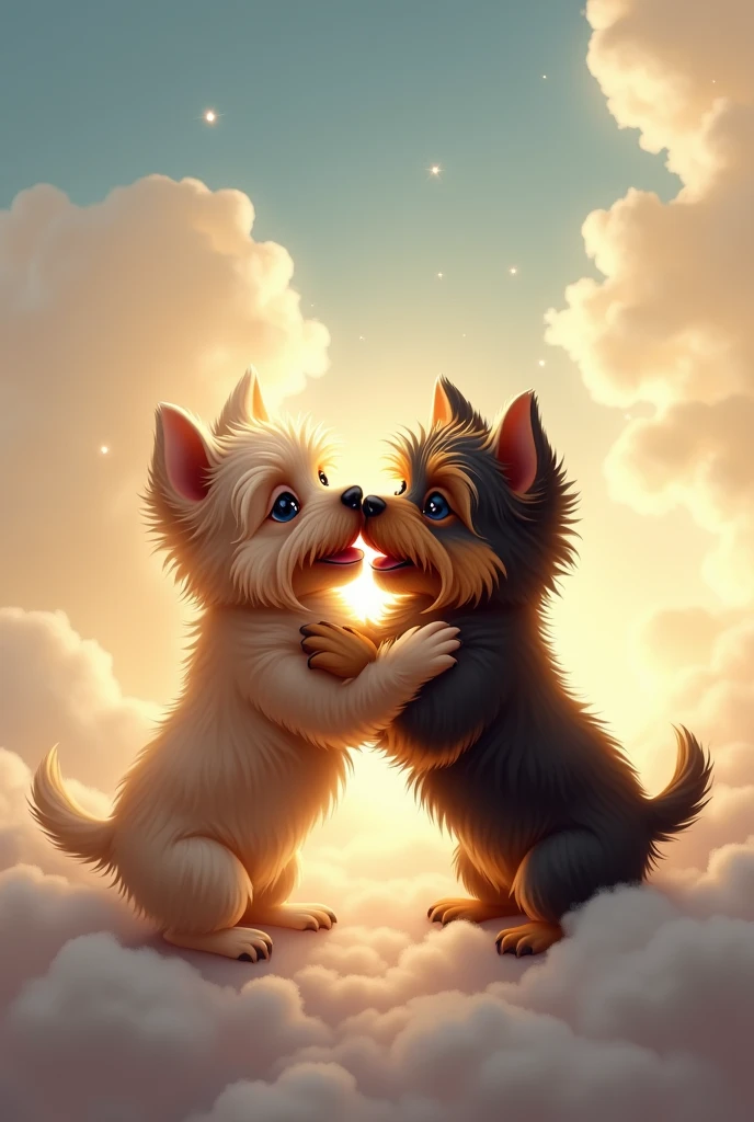 My two Yorkshire puppies together in heaven, meeting again. One Yorkshire with lighter fur and the other with dark fur.