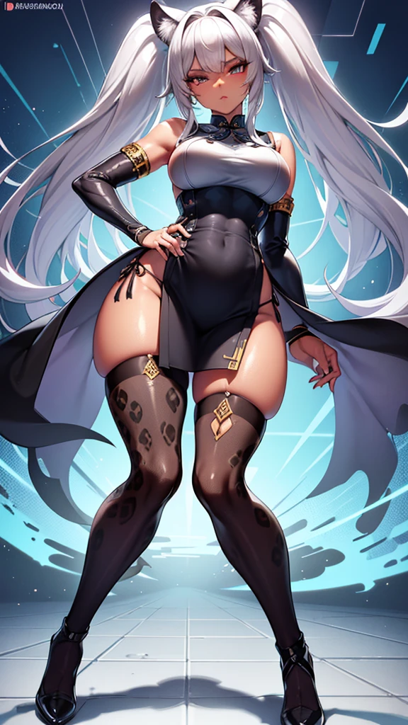 (dark skin),Silver Hair,((Fox Girl)),(Perfectly detailed face),(Young),twintails,((fine cloth texture, sleeveless leopard print cheongsam, slit at waist)),(wedgie),spread legs,High quality,Ultra detailed, best quality,insanely detailed,beautiful,masterpiece,((highly detailed cheongsam,highly detailed beautiful eyes,highly detailed beautiful face)),super detailed skin,full body,from below
