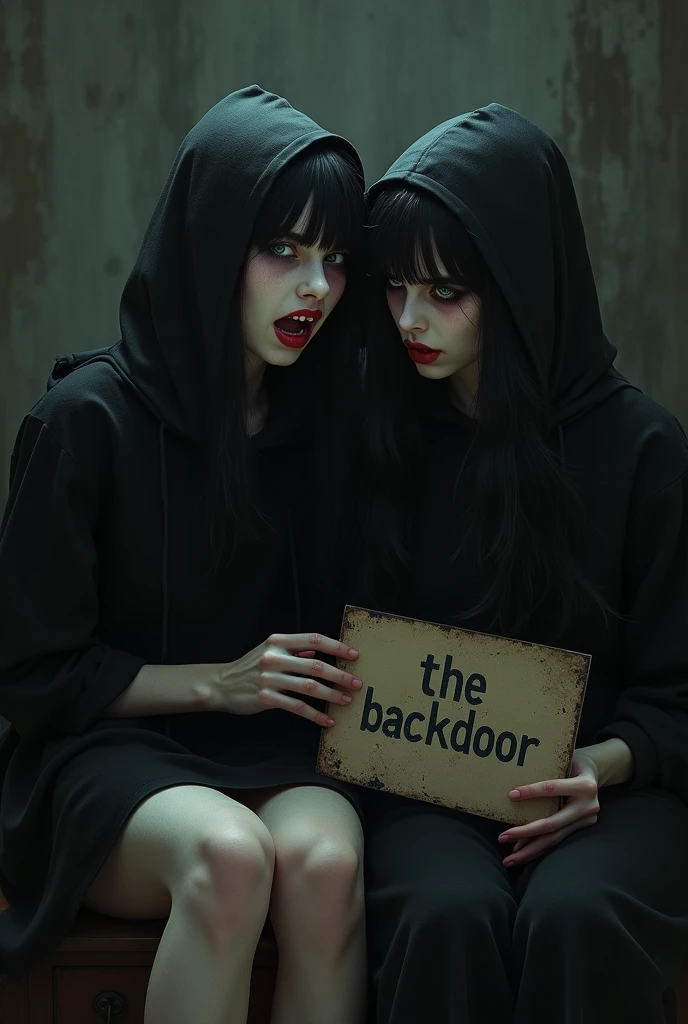 Vampire girl sister with a hood, sitting with her mouth open like a psychopath, that has a sign with the word, THE BACKDOOR