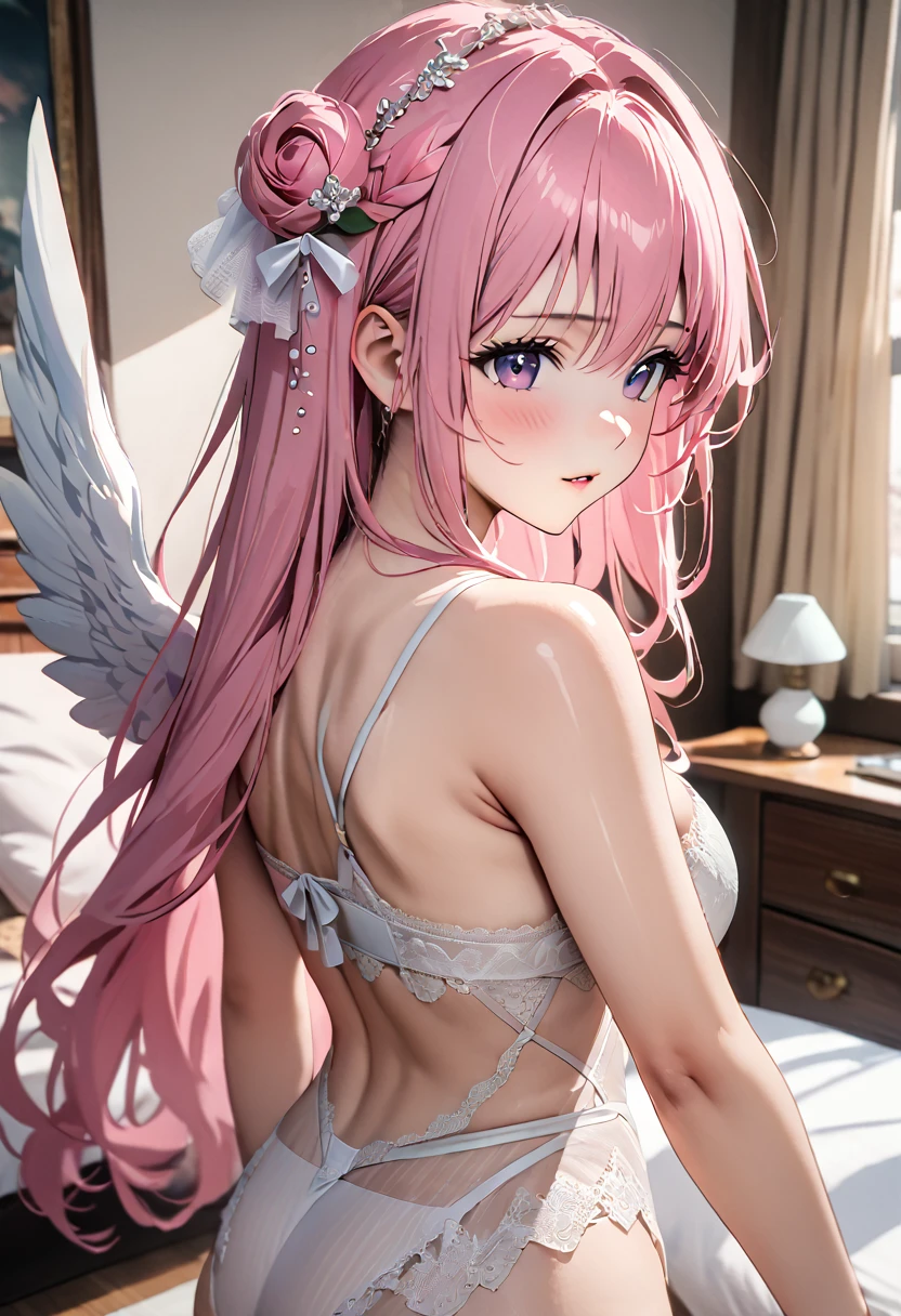 (Highest quality, 4K, 8k, High resolution, masterpiece:1.2), Very detailed, Picturesque, Anime style photo, Photo Anime:1.37)、a beautiful girl、(pink hair)、(long  hair)、white lily Hair Ornaments、standing、On the bed、White lace underwear、White wings on the back、Doroty