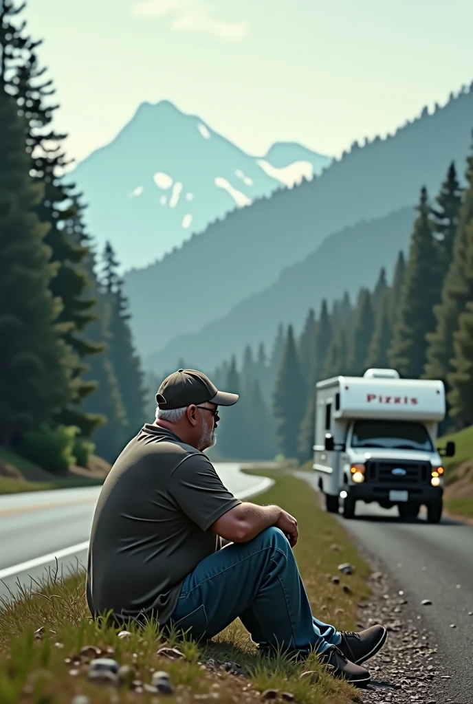 My story begins on the open spaces of the roads. A man, middle-aged, thick-set, in a baseball cap, sits on the side of the road - a connoisseur of freedom, who loves the feeling of boundless space in front of him. There is a pickup truck with a camper trailer nearby, With forest and mountains in the background.| Soft, unobtrusive lighting; Dreamy and surreal composition | Sony and A7R IV with Sony Fe lens 85 mm F/1.4GM | Clear image of details; Smooth background transition -AR 9:16 -raw material type -stylize 75 -stop 90 -in 6.1