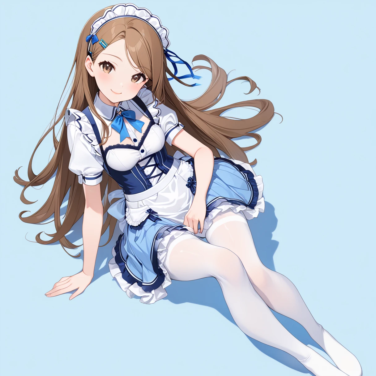 (Full Body Shot:1.6), (crossed leg), 
(Masterpiece 1.2), (Highest quality), (High resolution), (Very detailed), (Best illustrations), Best Shadow, (so beautiful:0.9), (very cute), 

(Minase Iori),  girl, 
Dark brown hair, Long Hair, amount, Hair Clip, Brown eyes, hair band, 
smile, Shyness, Pitiful, 
Small breasts, Round Breasts, Iris, round face, 

Perfect limbs, Perfect Anatomy, Thin legs, Five perfect fingers, Big eyes, Iris, (slender), Tight waist, 
Delicate and smooth skin, Beautiful Skin, Textured skin, Attractive body, 
smile, 恥ずかしそうなsmile, 
Beautiful lip detail，

(White and blue French maid outfit), Frills, ribbon, (Blue tie), (A transparent white shirt), (Blue and white checkered pleated skirt), 
White cotton socks,(White Pantyhose), Knee-high socks, Blue heels, 

White back curtain, White bed, 
(Blue background:2.2), (Blue Studio),

Bright colors，Delicate fabrics，Attention to detail，Beautiful consideration，
(From Above), 