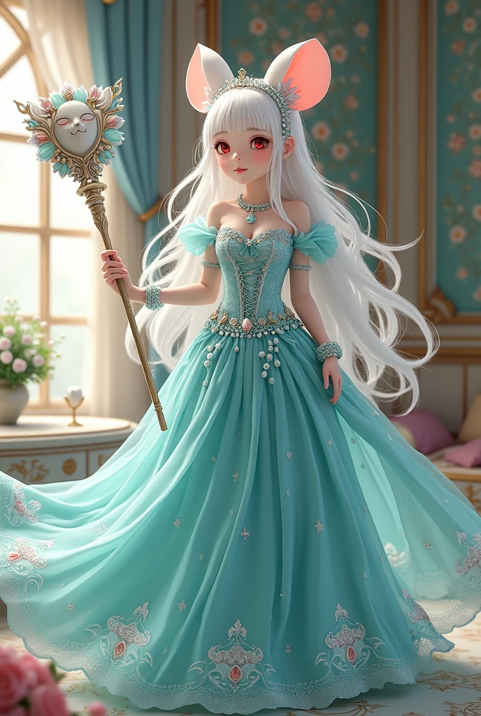 (best quality,4k,8k,highres,masterpiece:1.2), ultra-detailed, Pretty albino girl has a princess of the sea, drawn in 2D anime style, steampunk, wearing a iridescent turquoise princess gown with puffy sleeves, steampunk, gorgeous frilly dress design,flowing gown, elaborate lace details,rich textures,contrast stitching,delicate ribbon bows, seashells embroidery, full skirt with ocean wave pattern,short sleeves,fitted waistline,translucent flowing layered sleeves,lace-up back,luxurious fabrics,flawless silhouette, very long curly white hair adorned with hair accessories, red eyes, white fur, smiling, mouse ears and tail, ribboned high heels, white elbow evening gloves, pearl bracelets, tiara made of seashells, beautifully detailed lips with lipstick, long eyelashes, eyeshadow, seashell necklace, in a castle bedroom with intricate decoration and luxurious furniture, flower wallpaper, she is holding a magic staff made of seashells and pearls.