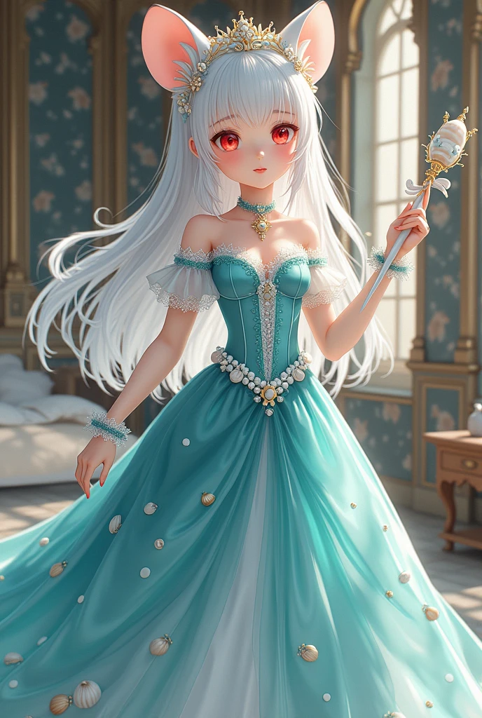 (best quality,4k,8k,highres,masterpiece:1.2), ultra-detailed, Pretty albino girl has a princess of the sea, drawn in 2D anime style, steampunk, wearing a iridescent turquoise princess gown with puffy sleeves, steampunk, gorgeous frilly dress design,flowing gown, elaborate lace details,rich textures,contrast stitching,delicate ribbon bows, seashells embroidery, full skirt with ocean wave pattern,short sleeves,fitted waistline,translucent flowing layered sleeves,lace-up back,luxurious fabrics,flawless silhouette, very long curly white hair adorned with hair accessories, red eyes, white fur, smiling, mouse ears and tail, ribboned high heels, white elbow evening gloves, pearl bracelets, tiara made of seashells, beautifully detailed lips with lipstick, long eyelashes, eyeshadow, seashell necklace, in a castle bedroom with intricate decoration and luxurious furniture, flower wallpaper, she is holding a magic staff made of seashells and pearls.