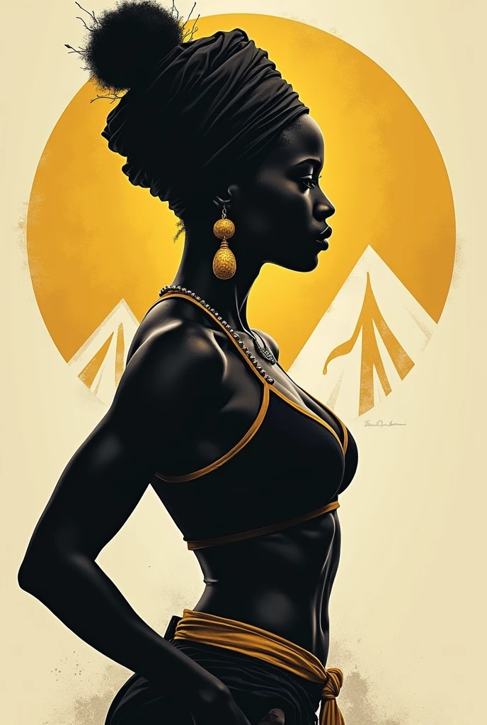 Create a 2d drawing, woman silhouette in profile, black, faceless quilombola, wearing turban, pose for fighter, big earrings, beige prevalence , Unripe, blackw, rot, yellow. Triangular background