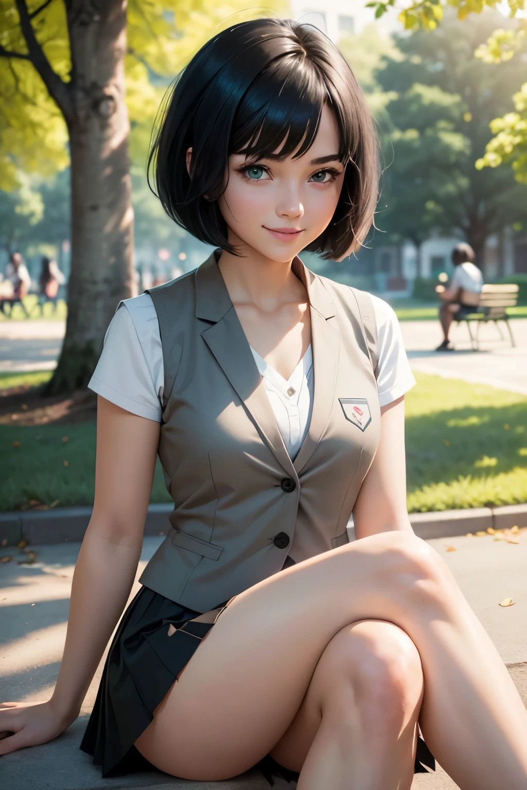 Graphic novel style, 1 stunningly beautiful college girl, picture taken from her left, smiling, blushing, short black hair, bob cut, wearing a Japanese school uniform, green eyes, 1, ((short black skirt)), toned legs, side view of legs, thighs, side view of butt, red bow, ((light gray closed vest)), in the park, (((Sitting)))