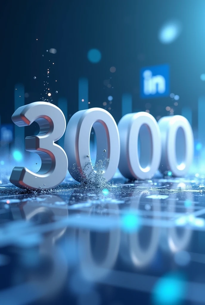 A visually striking and creative image celebrating the achievement of 3000 followers on LinkedIn. The image should feature the number '3000' prominently in a sleek, modern font, with subtle LinkedIn branding elements such as the LinkedIn logo or color scheme (blue and white). The background can be dynamic, with a digital or abstract design that conveys growth and connection, such as a network of nodes or lines connecting people. There can be celebratory elements like confetti or subtle lighting effects to add a sense of achievement.