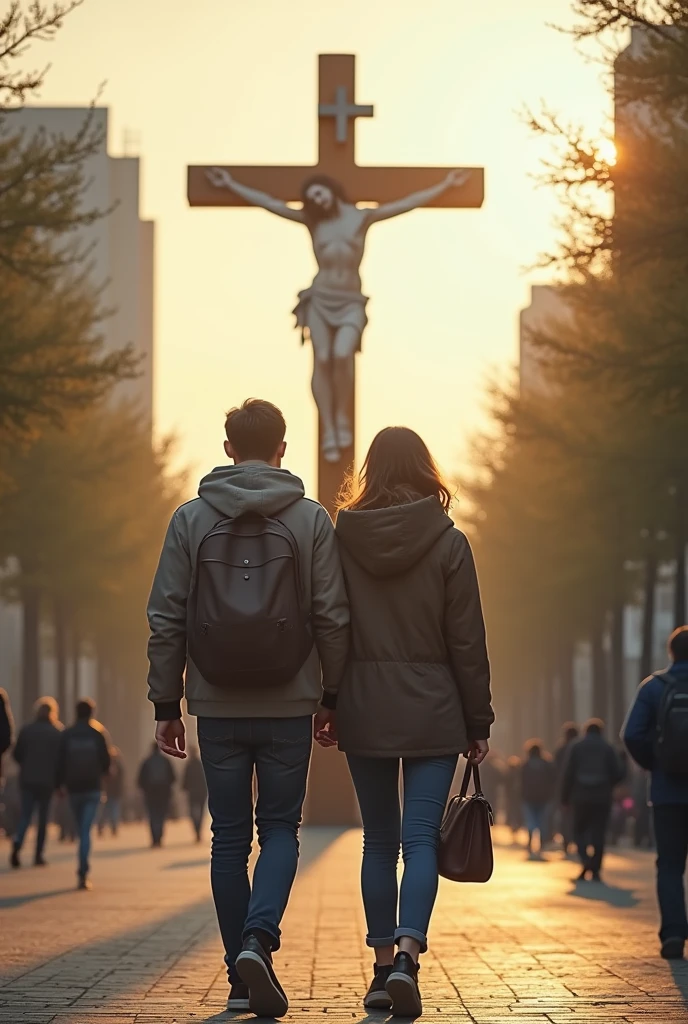 Couples walking and Jesus logo