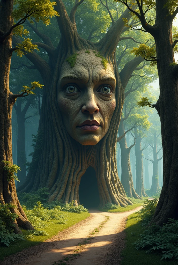 A realistic landscape made of trees with a face on a road

