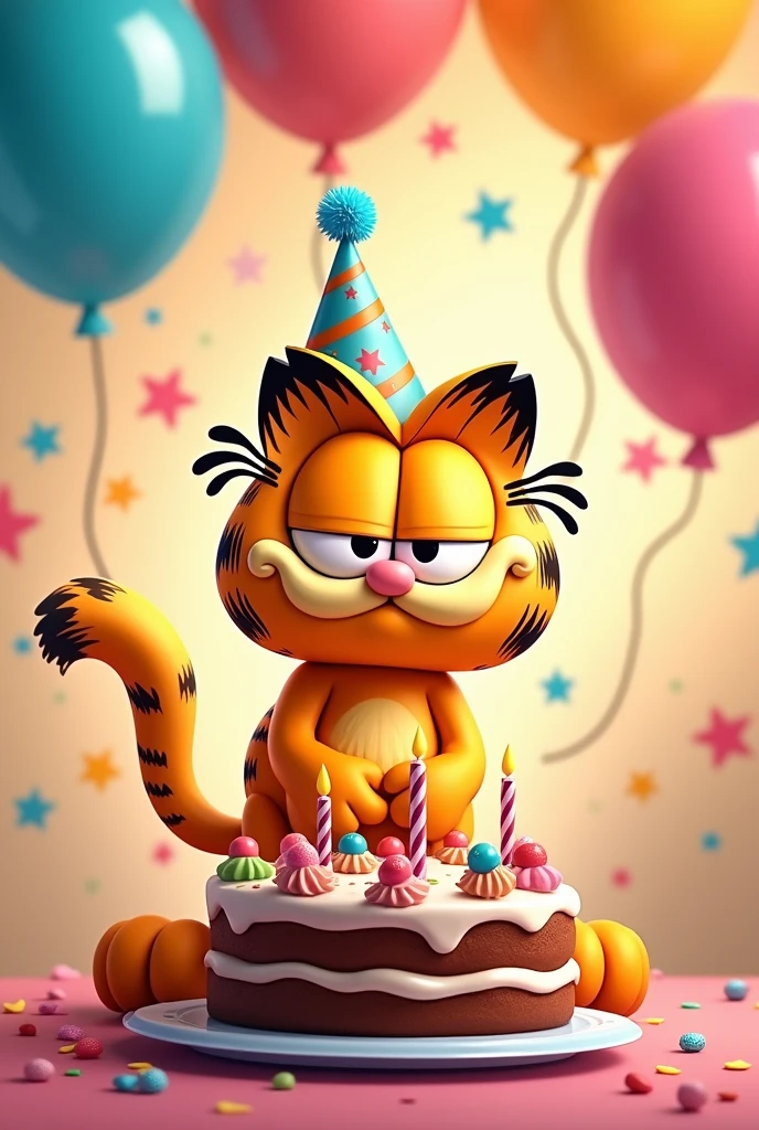 Garfield birthday card along with balloons and a cake and it has the words: Happy Birthday!!