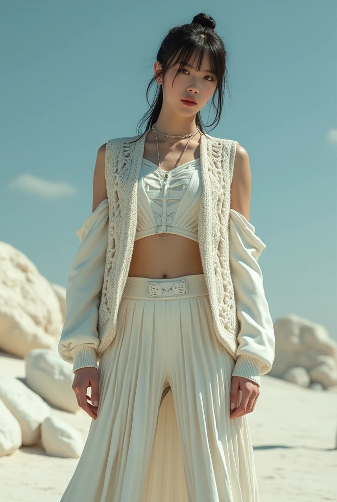 ensemble avec une jupe et un gilet et un haut blanc stylé inspiré par aespa Armageddon