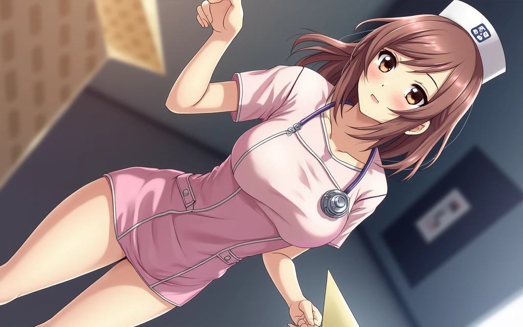 akagimio, brown hair, brown eyes, nurse, nurse cap, pink dress, short sleeves, white panty, Akagi Mio-Boku to Nurse no Kenshuu Nisshi