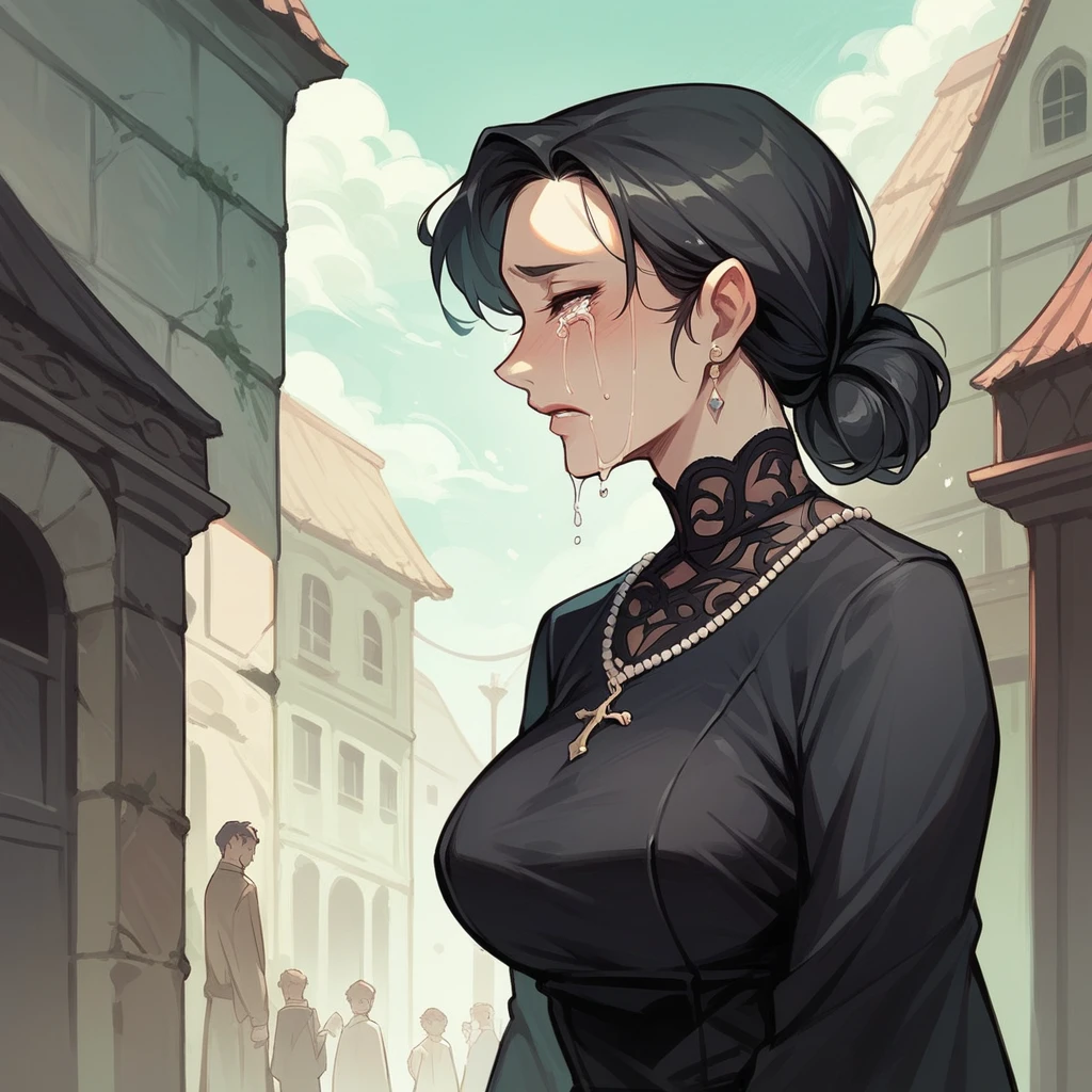 a MILF in her 40s is crying at a funeral outdoors. She wears a black dress. she has long black hair.