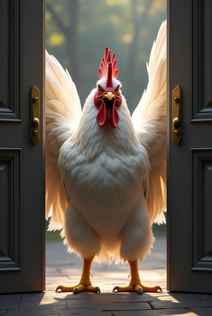 Create me a rooster coming out with its wings holding the 2 doors entrance of two doors the rooster is muscular white color, The rooster has to be upset but not that much

