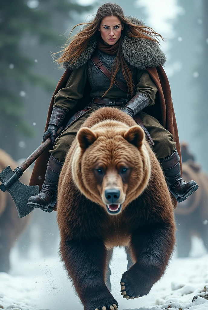 photorealistic of a female Viking warriors with long hair wearing a brown bear fur cloak riding a huge brown bear, detailed face, beautiful woman, holding axe with one hand, charging forward, cowboy shot, snow storm, secluded background, snow forest background, dramatic lighting, high contrast