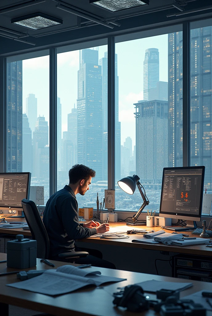 * context: A high-tech civil engineering office filled with computers and architectural plans.
* supper: Striperon is on a workbench, with tools scattered around. They are focused on solving a mathematical problem while in the background you can see large dark glass windows.
* Dialogue/heading: "Another day, another innovation..."
