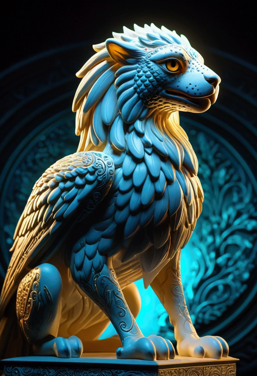 (Griffin), in Bioluminescent Classical style, featuring glowing classical forms. Beautiful cinematic lighting, surreal, color graded, dynamic movement, captivating chiaroscuro, (special effects:0.1), full body, award-winning, cinematic still, emotional, vignette, dynamic, vivid, (masterpiece, best quality, photorealistic, Professional, perfect composition, very aesthetic, absurdres, ultra-detailed, intricate details:1.3)