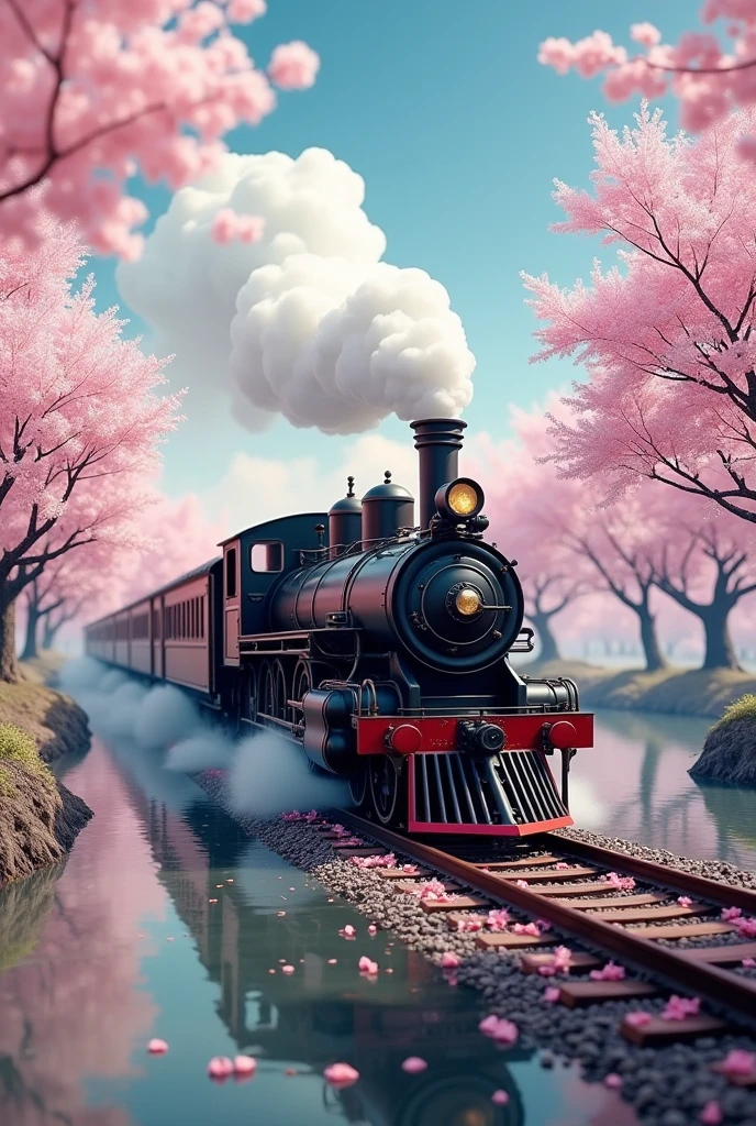 Absurd, High resolution, Super detailed, beautiful, masterpiece, Highest quality、reflection、Realな質感、Realistic、Real、Realistic、Blur、steam locomotive、Running along the tracks、Spiral track、cloud、Cherry blossom trees、SakuraFubuki、Realな蒸気、