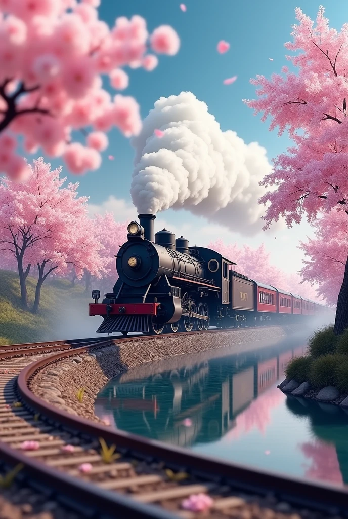 Absurd, High resolution, Super detailed, beautiful, masterpiece, Highest quality、reflection、Realな質感、Realistic、Real、Realistic、Blur、steam locomotive、Running along the tracks、Spiral track、cloud、Cherry blossom trees、SakuraFubuki、Realな蒸気、