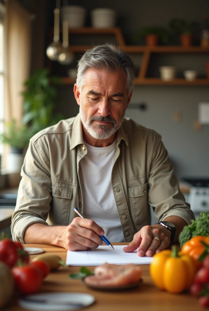 I need you to generate an image of the man making a list of healthy foods 