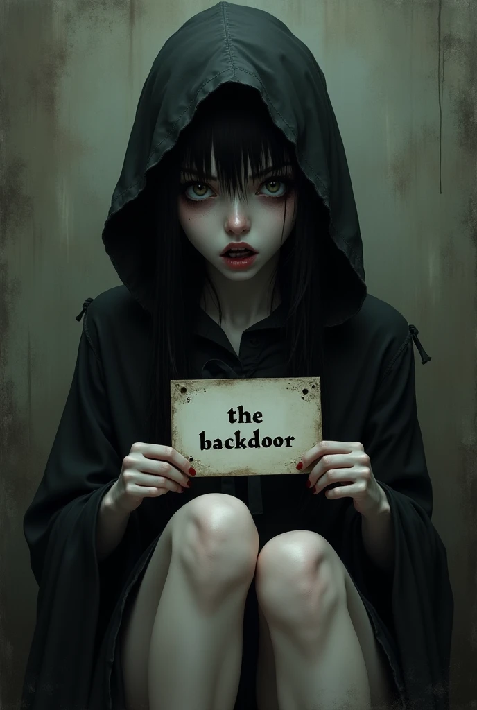 A vampire girl with a hood, sitting with her mouth open like a psychopath, that has a sign with the word, THE BACKDOOR