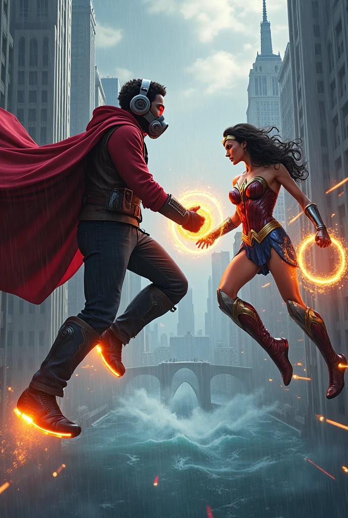 Young Star-lord with red hoodie, headphones, star-lord helmet, gas helmet, covered mouth, round red eyes, Red eyes, magic rings in the hands and rocket boots, Vs. Doctor strange, Vs. Wonder Woman, Fighting, power, fiction, full body, 3 person, magic lasso, hight, fall, fire in boots, poweful spells, fighting, realistic, helmet, mask, red cape, confrontation, punch, gun, flying in the sky, view of the city from above, rain, fighting over the spell book, Black gloves, ocean floor, face cover