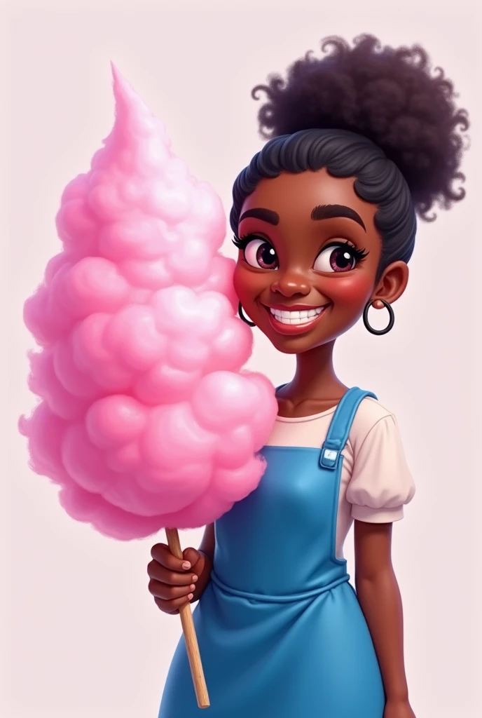 Cartoon black woman in blue apron holding pink cotton candy