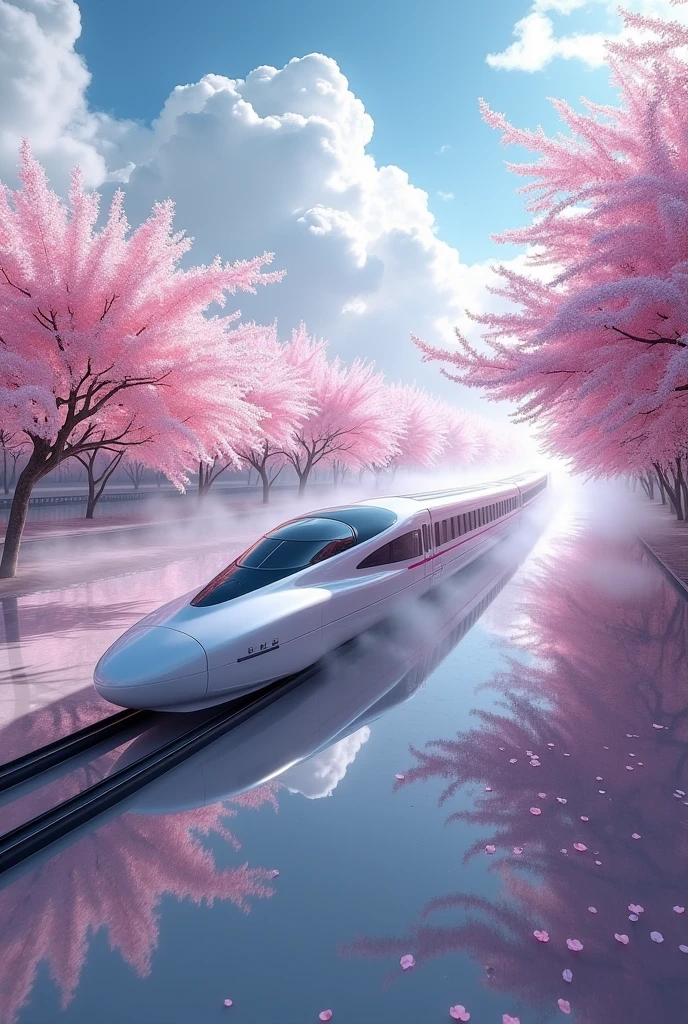 Absurd, High resolution, Super detailed, beautiful, masterpiece, Highest quality、reflection、Realな質感、Realistic、Real、Realistic、Blur、Shinkansen Kodama、Running along the tracks、Spiral track、cloud、Cherry blossom trees、SakuraFubuki、Realな蒸気、