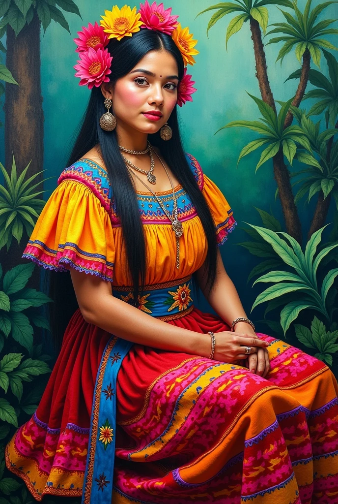 Mexican painting of an indigenous woman sitting woth traditional clothing