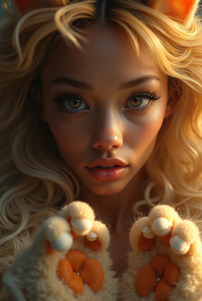a beautiful girl with brown skin, dark skin, golden hair, chubby cheeks, cat paws, detailed facial features, elegant pose, soft lighting, cinematic colors, photorealistic, highly detailed, 8k, dslr, professional photography, fantasy, magical realism
