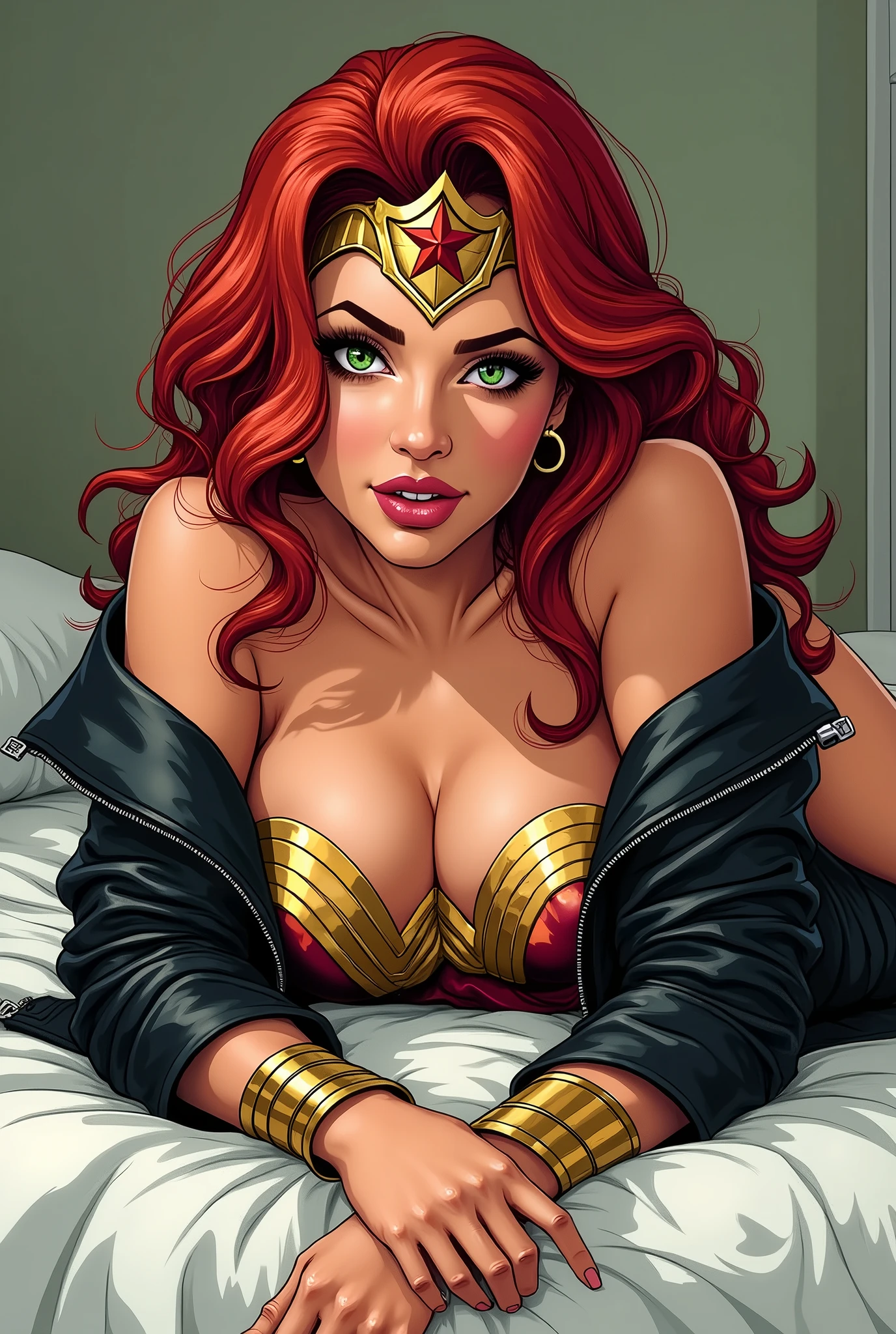(Comic style)  ((A Red hair , green eyes black (classic 70 wonder woman outfit) () Wonder Woman) (flirting) (missbrisolo) (wears a biker jacket)  (laying on bed seductively)
