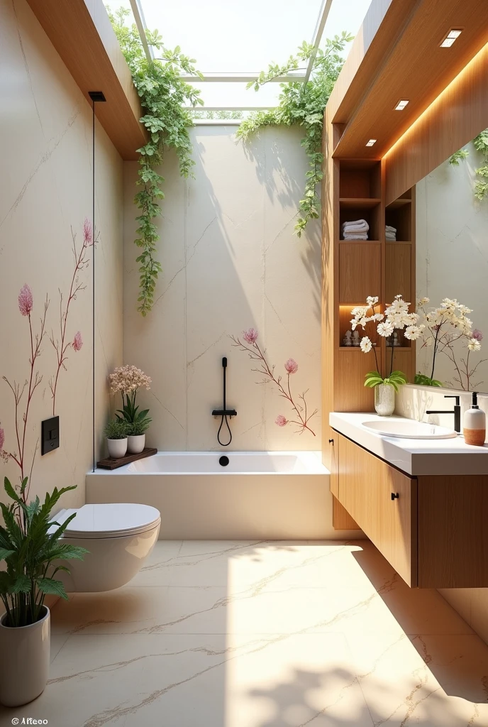 A modern bathroom inspired by flowers and flower gardens with wooden details and 4 by 4 meters 