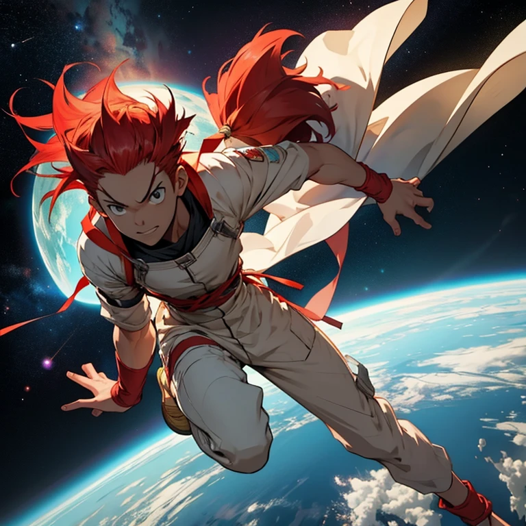 Senku, a character inspired by the anime Dr.. Stone, exploring space without a helmet and with bright red hair. And he runs through the air